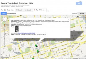 In Google Fusion Table map, there is only one map marker at 199 Yonge Street. This is the same case when it is embedded on a website.
